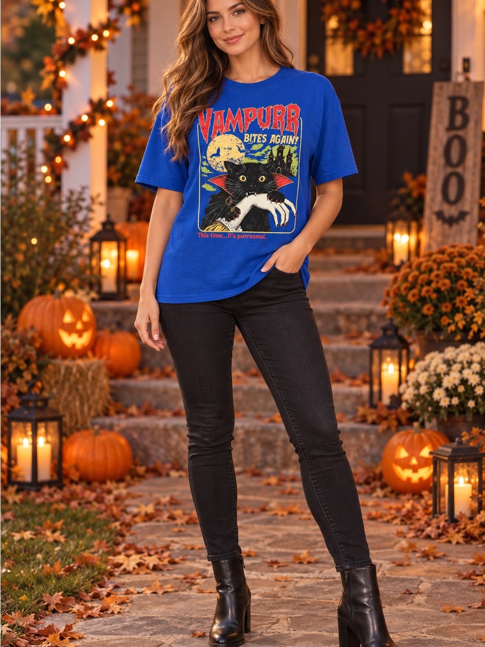 Women’s 2XL Vampurr Black Cat Halloween Graphic T-Shirt NWOT